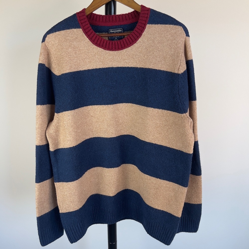 Abercrombie & Fitch Mens XL Heavyweight Striped Crewneck Sweater Navy Tan XL - Picture 2 of 11